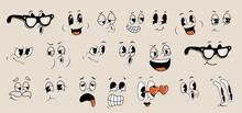 Cartoon Retro Faces. Vintage Emotional Face, Old Style Funny Eyes And Mouth, Different Facial Expression. Vector Set