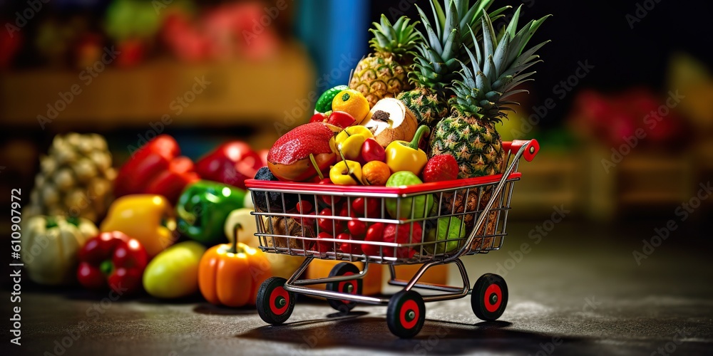 AI Generated. AI Generative. Shopping cart with a lot of fruits and ...