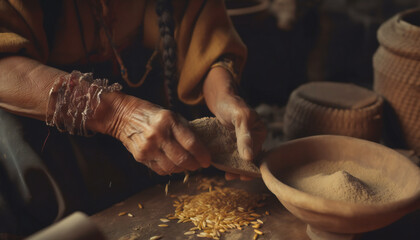 Recreation artistic of hands working with grains and flour of cereal with a rustic bowl. Illustration AI