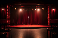 Stage With Red Curtains, Microphone And Spotlight.. Theatre, Cabaret Or Comedy Show Or Opera Music Concert Club, Standup Scene. Beginning Of The Show Adult Entertainment Advertisement. Generative AI