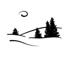 Simple line art nature landscape with pine trees. Hand drawn rural scene. Vector sketch drawing.