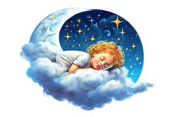 Poster - sleep concept. girl sleeping on the moon isolated on white background. Generated by AI.