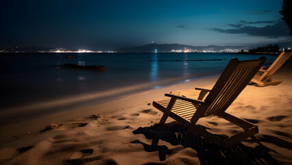 Two empty wooden beach chairs on sand beach at night - summer vacation theme, neural network generated art