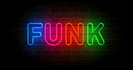 Wall Mural - Funk music neon symbol on brick wall. Funky entertainment retro style  light color bulbs. Loopable and seamless abstract concept animation.