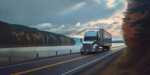 Majestic Journey. Semi Truck Roaming Amidst Mountainous Backdrop