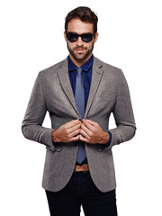 Poster - Fashion model, style and portrait of man in a suit feeling confident isolated in a transparent and png background. Clothes, sunglasses and young person adjust his jacket with confidence