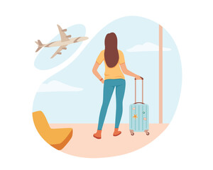 Young female standing with luggage in airport and waiting for plane, looking at window. Tour abroad, tourist travel on vacation concept. Vector cartoon illustration in blue and yellow colors