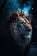Portrait of a lion in the dark forest with smoke and fire. Generative AI