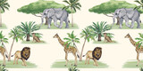 Fototapeta Dziecięca - African animals watercolor seamless pattern. Giraffe, elephant, lion, meerkat. Safari illustration, palm trees and jungle. Design and decoration of children's products.