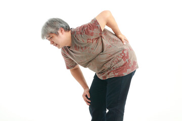 Asian obese man having severe back pain standing on white background. weight loss concept, senior health care