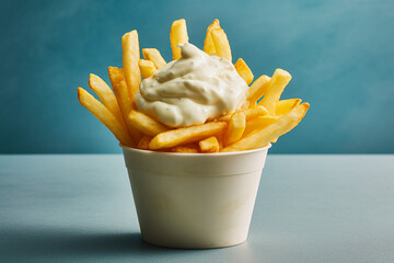 Poster - tasty and crunchy french fries in a box with mayonnaise on a blue wall, created with generative ai