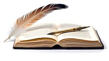 Old Book And Quill Pen On White Background. Generative AI
