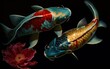 3D of the koi fish swimming in the dark background with flowers. Generative AI.