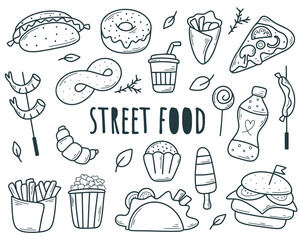 hand drawn street food set. fast food ink sketch. simple food snack takeaway doodle style, isolated 