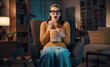 Expressive woman watching TV and eating popcorn