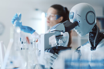 Wall Mural - scientist and robot working together in the lab