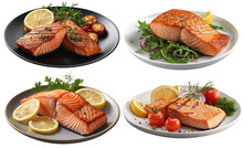 Four Dishes With Baked Salmon On A Plate, On A Transparent Background, Generative AI