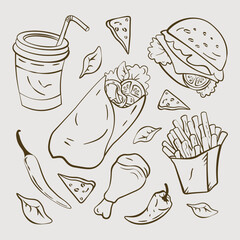 street food sketch hand drawn vector and burger in illustration