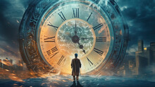 Concept Of Time Management With Man And Big Clock. Generative AI.