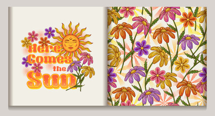 Wall Mural - Summer label, pattern with sun with face, chamomile, halftone, text. Positive, peaceful concept. Groovy, hippie retro style. For clothing, apparel, T-shirts, surface decoration