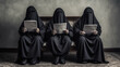 muslim women with black dark burkas sitting and reading books in funeral or wake ceremony. generative ai