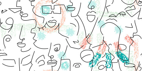 Wall Mural - One line drawing. Abstract face seamless pattern.