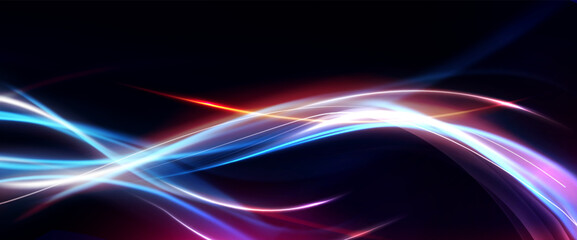 Poster - Abstract futuristic background with neon light effect. Shiny moving lines design element. Abstract neon color glowing lines futuristic background, horizontal light rays. Futuristic technology. Vector 
