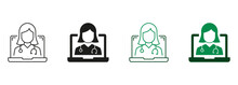 Online Remote Healthcare Pictogram. Online Digital Medicine Line And Silhouette Icon Set. Virtual Medical Service, Telemedicine Symbol Collection. Doctor In Computer. Isolated Vector Illustration