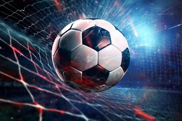 Wall Mural - Soccer ball flew into the goal. Football ball bends the net, against the background of flashes of light. Soccer ball in goal net on dark blue background. A moment of delight. Generative AI Technology