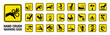 Set of 24 isolated Hand Crush Force hazardous symbols on yellow round square board warning sign