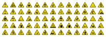 Big Set Of 65 Isolated Hazardous Symbols On Yellow Round Triangle Board Warning Sign