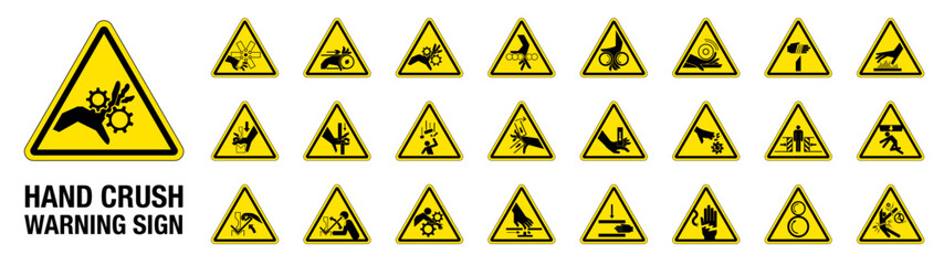 Set of 24 isolated Hand Crush Force hazardous symbols on yellow round triangle board warning sign
