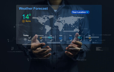 Wall Mural - The user's hand check the weather forecast on screen checking the weather during the day, such as temperature, wet dry bulb absulute humidity, relative, atmospheric pressure, UV index and rain fall.