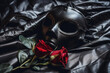 shiny black leather mask and red roses on a dark satin bed sheet, sexuality and seduction concept, created with generative ai