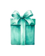 Wall Mural - Mint blue gift box on white background in watercolor style. Generative AI.