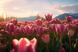 Fototapeta Tulipany - A wide-angle perspective capturing the beauty of a sprawling tulip garden. Generative AI