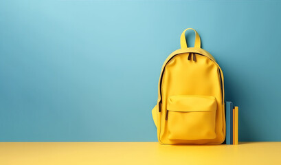 back to school. yellow backpack with books and school stuff on blue background 3d rendering. banner,