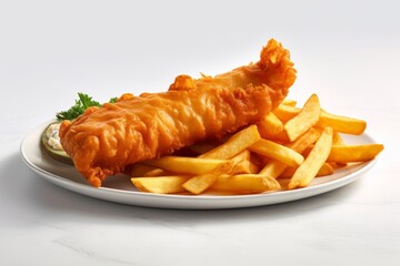 Close-up view photography of a tasty fish and chips on a ceramic tile against a white background. With generative AI technology