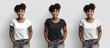 White, black, heather t-shirt mockup on happy african american girl with curly hair, isolated on background. Generative AI