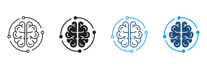 Poster - Neurology and Artificial Intelligence Black and Color Symbol Collection. Tech Science Sign. Human Brain and Digital Technology Silhouette and Line Icons Set. Isolated Vector Illustration