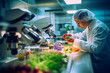 Scientists working in a state-of-the-art laboratory conducting research in food technology, using a macro lens to capture intricate details and a modern, clean aesthetic
