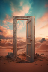 Wall Mural - An open door in the middle of a desert. Generative AI.