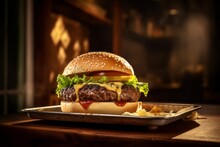 Close-up View Photography Of A Tempting Burguer On A Metal Tray Against A Rustic Wood Background. With Generative AI Technology