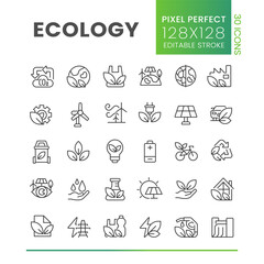 Poster - Ecology pixel perfect linear icons set. Nature protection. Sustainable energy sources. Customizable thin line symbols. Isolated vector outline illustrations. Editable stroke. Poppins font used