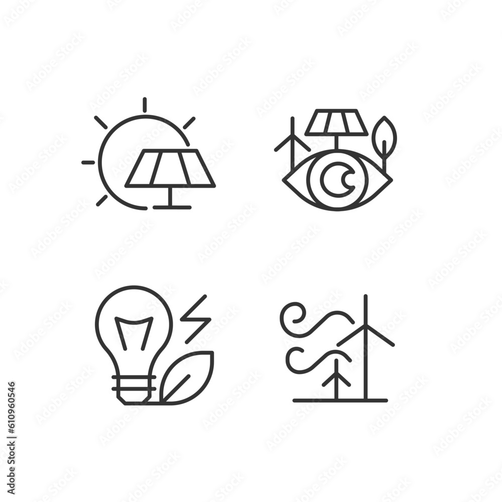 Alternative power sources pixel perfect linear icons set. Sustainable energy. Eco friendly industry. Customizable thin line symbols. Isolated vector outline illustrations. Editable stroke