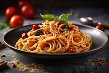 Close-up View Photography Of An Exquisite Spaghetti On A Rustic Plate Against A Grey Concrete Background. With Generative AI Technology