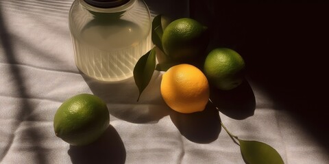 Lemon and lime still life. Close up of citrus fruits on a white linen fabric with overlay shadow effect.Nature organic food concept. Summertime background. Generative Ai