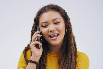 Aufkleber - Phone call, talking and face of woman in studio for conversation, talking and chatting. Communication mockup, white background and female person on smartphone for network, contact and connection