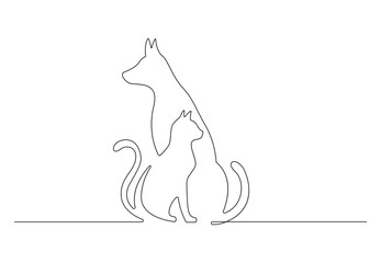 Poster - Continuous one line drawing of dog and cat black and white vector illustration. Premium vector.