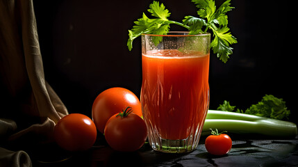 Photo of glass of tomato juice with celery garnish, food photography